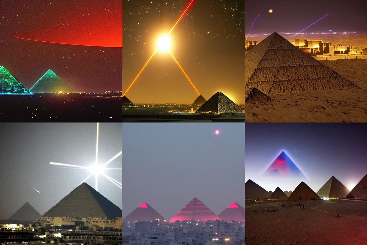 Prompt: pyramids in Gaza shooting up lasers from the top with alien ships in the background at night