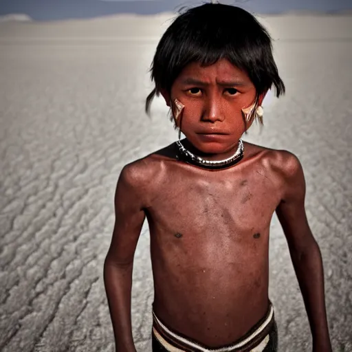 Image similar to photos of indigenous boy staring into the camera, distended abdomen, standing on a salt flat, highly detailed, muted gray brown colors, by national geographic