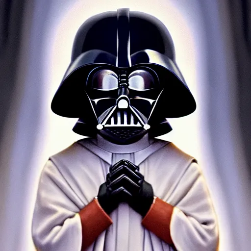 Image similar to darth vader in his first communion, art by greg rutkowski, intricate, elegant, highly detailed, smooth, sharp focus, artstation