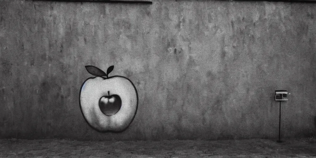 Image similar to detailed medium format photo, polaroid still from tarkovsky movie, a giant apple character, spray painting graffiti on a wall, haze, high production value, intricate details, 8 k resolution, hyperrealistic, hdr, photorealistic, high definition, technicolor, award - winning photography, masterpiece, black and white, grungy