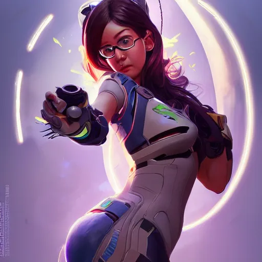 Image similar to science-fiction character portrait of DVA from Overwatch, intricate, wild, highly detailed, digital painting, artstation, upper body, concept art, smooth, sharp focus, illustration, art by artgerm and greg rutkowski and alphonse mucha