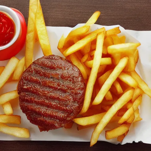 Image similar to A photo of a hamburger in a plate, ultra realistic, very detailed, 8K, mc donalds, french fries,