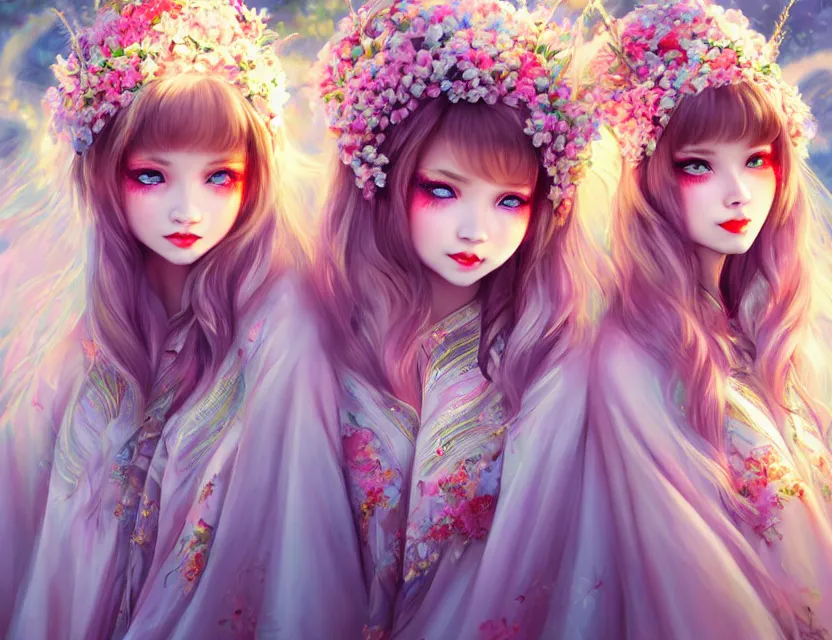 Image similar to two beautiful fashion siberian girls wear fantasy kimono in festival | | big eyes, sunny, dreamlike art, realistic shaded, smile, good looking, hyper details, 4 k realistic, cryengine, realistic shaded lighting poster by artgerm, ross tran, fuji choko, loish, 8 k resolution, trending on artstation, luxury