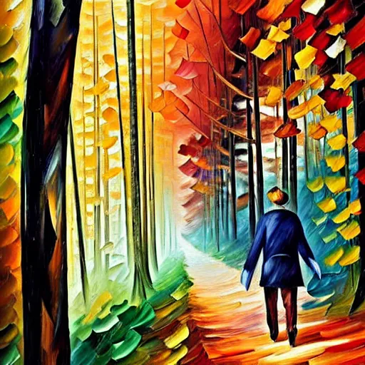 Prompt: a person walking through a forest, art by leonid afremov and giacomo balla and ivan bilibin,