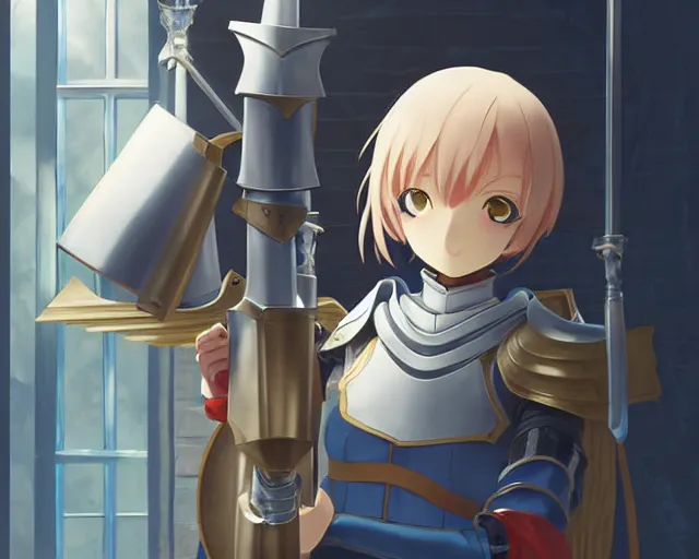 Image similar to anime visual, portrait of a young female knight wearing armor in a alchemist's shop interior, cute face by yoh yoshinari, katsura masakazu, studio lighting, dynamic pose, dynamic perspective, strong silhouette, anime cels, ilya kuvshinov, cel shaded, crisp and sharp, rounded eyes, moody