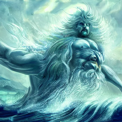 Prompt: Proud and screaming Poseidon rising from the ocean, ready to fight, fantasy art, photorealistic