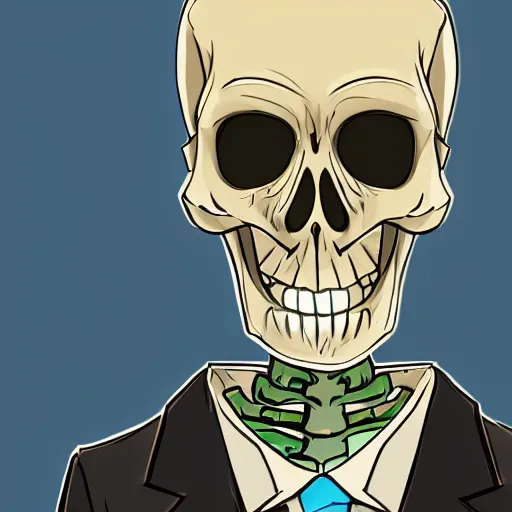 Prompt: an skeleton businessman posing for the camera, angled shot, sharp lines, close up digital, artstation, colored in