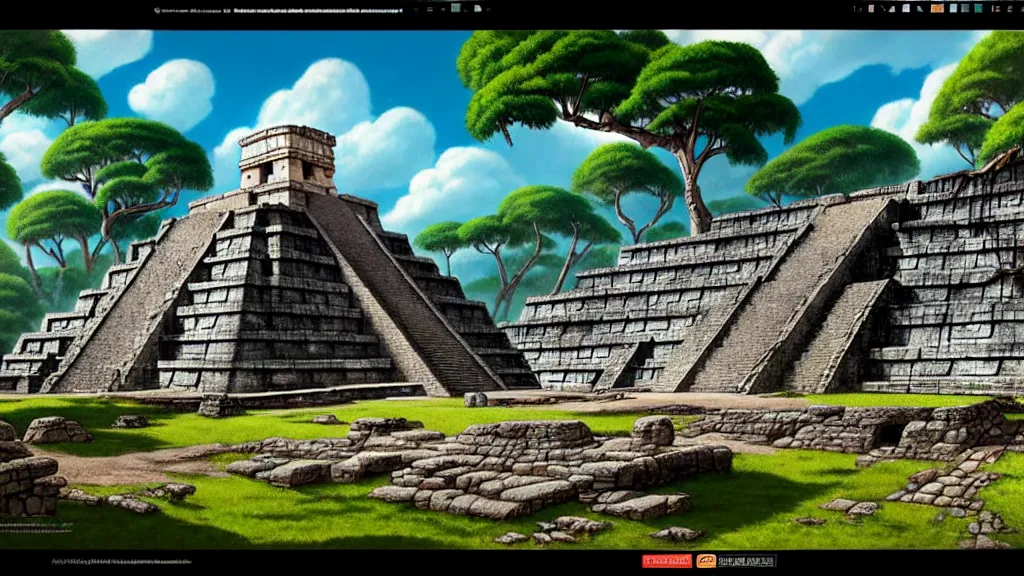 Image similar to ancient mayan ruins, studio ghibli, pixar and disney animation, sharp, rendered in unreal engine 5, highly detailed, digital painting, artstation, concept art, smooth, sharp focus, illustration, wide angle, artbook, wallpaper, splash art, promo art, dramatic lighting, art by artgerm and greg rutkowski and bo chen and jin xiaodi