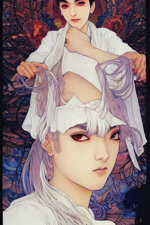 Image similar to beautiful medium shot manga portrait of mahmood inspired by ayami kojima with short hair dressed with a white t - shirt, white background white bank studio light, art by yoshitaka amano, alfons mucha, hiroaki samura, jiro matsumoto and yusuke murata, sharp focus, high quality, 8 k