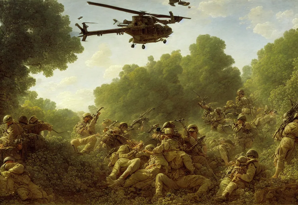 Image similar to afghanistan war by jean honore fragonard, green jungle, helicopters, battlefield, tanks