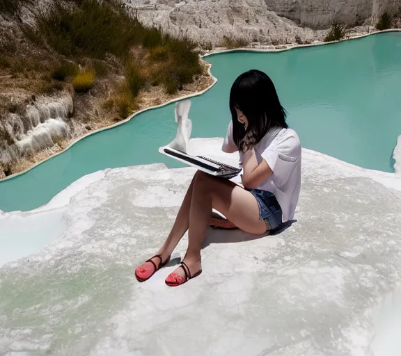 Prompt: Lee Jin-Eun hacking a laptop at Pamukkale, thermal waters flowing down white travertine terraces by Martine Johanna, rule of thirds, seductive look, beautiful