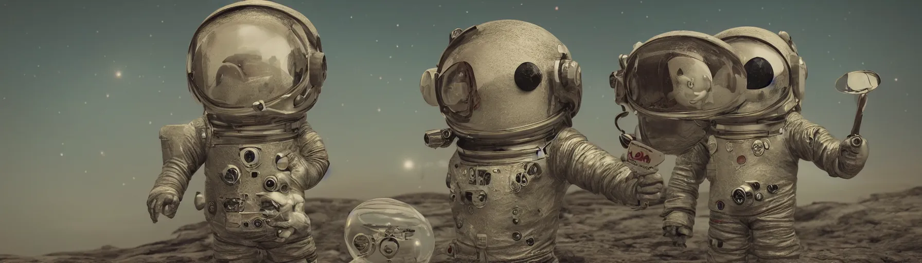 Image similar to Alexander Jansson Style, vintage astronaut in T pose, CGI, Many Details, Ultra Detailed, Octane Render, Real Engine 5 Cinematic, Realistic, Intricate Detail, Finely Detailed, Small Details, Extra Detail More details, tiny details, high resolution, 3D, PBR, path tracing, volumetric lighting, octane render, Arnold Render, 8k