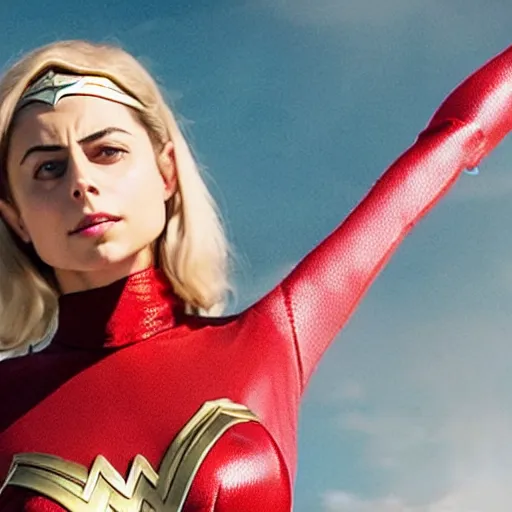 Image similar to film still of willa holland as an attractive wonder woman in the 2 0 1 7 film justice league, bleach - blonde - hair!!!!!!!!!!!!, focus - on - facial - details!!!!!!!!!!!!, minimal bodycon feminine costume, dramatic cinematic lighting, front - facing perspective, promotional art