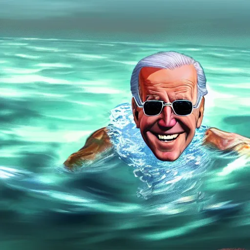 Prompt: joe biden sharkman swimming underwater, shark - human face, impressionism, gta 5, caricature