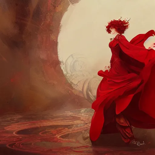 Prompt: portrait of a female sorcerer with curly red hair wearing a red dress and a red cloak throwing a fireball, fantasy, intricate, elegant, highly detailed, digital painting, artstation, concept art, character art, smooth, sharp focus, illustration, art by greg rutkowski and alphonse mucha