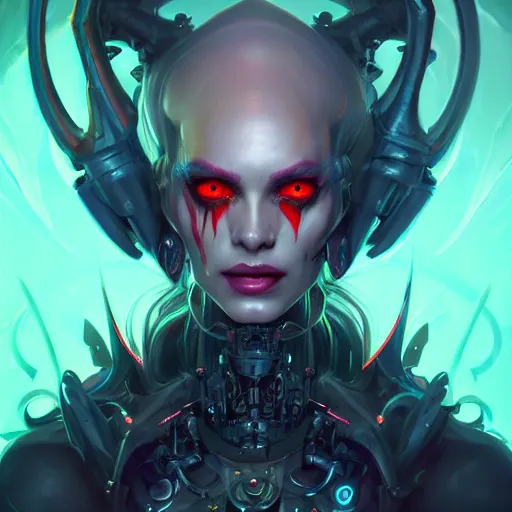 Image similar to a portrait of a beautiful demonic cybernetic grand duchess of hell, cyberpunk concept art by pete mohrbacher and wlop and artgerm and josan gonzales, digital art, highly detailed, intricate, sci-fi, sharp focus, Trending on Artstation HQ, deviantart, unreal engine 5, 4K UHD image