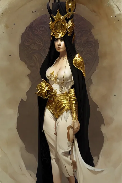 Prompt: Portrait of a Holy Necromancer, female, beautiful, golden robes, white pants, exquisite black accessories, golden corset, highly detailed, smooth, sharp focus, digital painting, illustration, fantasy, by Krenz Cushart and Artem Demura and alphonse mucha, artstation