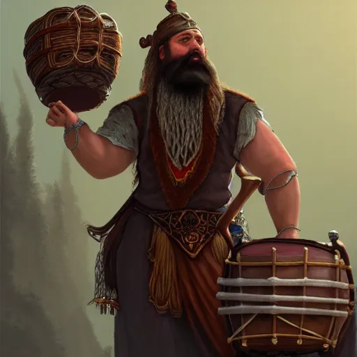 Prompt: Protean (D&D) bearded bard holding a drum, ornately dressed, standing in populated Baldur\'s Gate city square, hyperdetailed, artstation, cgsociety, 8k