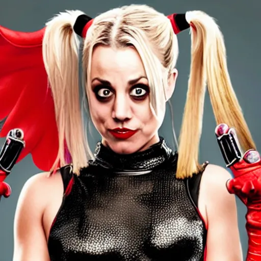 Image similar to A still of Kaley Cuoco as Harley Quinn