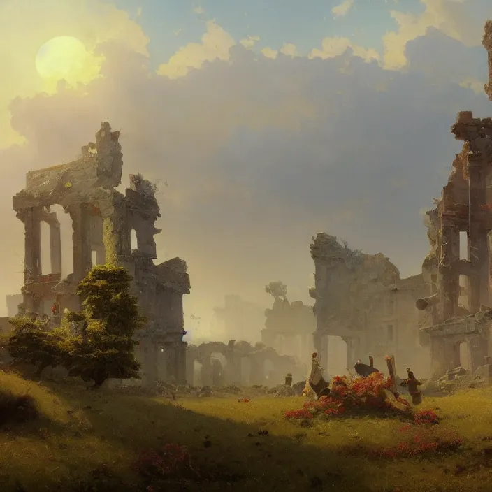 Prompt: a beautiful painting of a ruins of buildings on the grassland by ivan aivazovsky and rhads and greg rutkowski and james gurney, in style of digital art. hyper detailed, sharp focus, soft light. octane render. ray tracing. trending on artstation