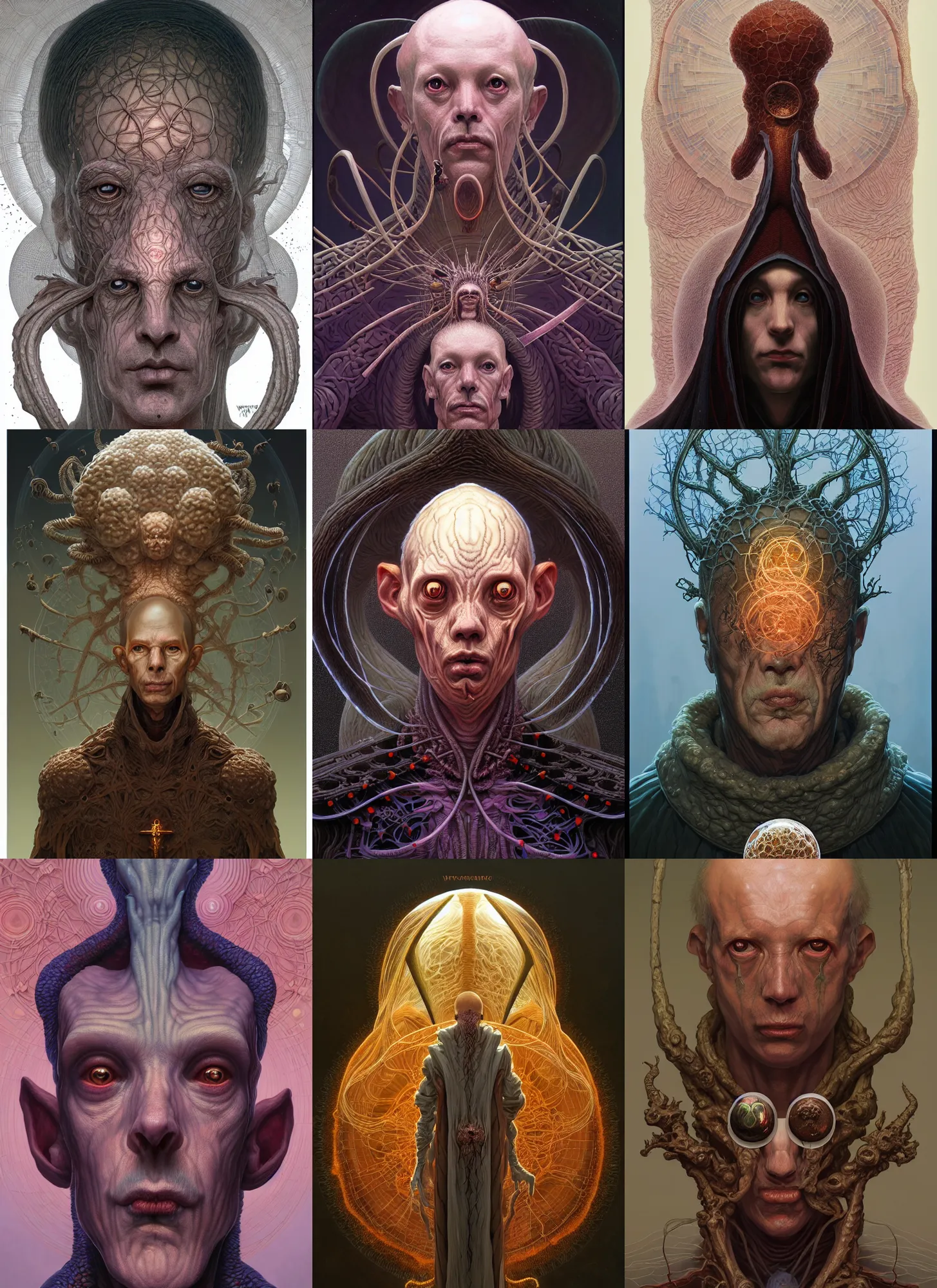 Prompt: symmetry!! rpg! portrait of a weird! fungus priest, intricate, highly detailed, digital painting, artstation, concept art, smooth, sharp focus, illustration, art by wayne barlowe and yoann lossel and john currin and aaron jasinski and ivan albright and hsiao - ron cheng, 8 k