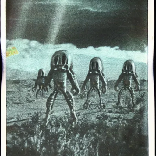 Image similar to polaroid photograph of aliens visiting earth, 1 9 5 0