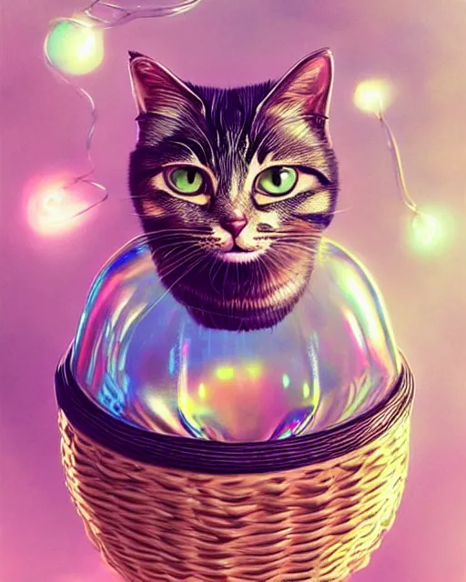 Image similar to cute female cat inside an ornate flying balloon basket of iridescent liquid, alchemy, shiny plastic, intricate, bloom, detailed, volumetric lighting, sharp focus, photorealism, digital painting, highly detailed, concept art, by by artgerm and wlop