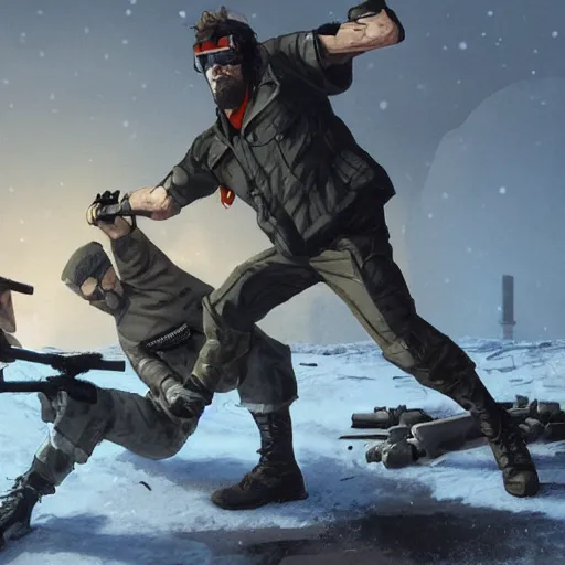 Image similar to Solid Snake and Gordon Freeman fight on an abandoned military base, winter, very detailed, hyper realism, epic, close-up fight, digital art, concept art, illustration, artstation, cgi, 4k