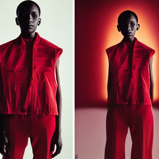 Prompt: realistic photoshooting for a new issey miyake lookbook, color film photography, portrait of a beautiful woman, model is wearing techtical vest, image shot in the dark red direct lightning, photo in style of tyler mitchell, 3 5 mm,