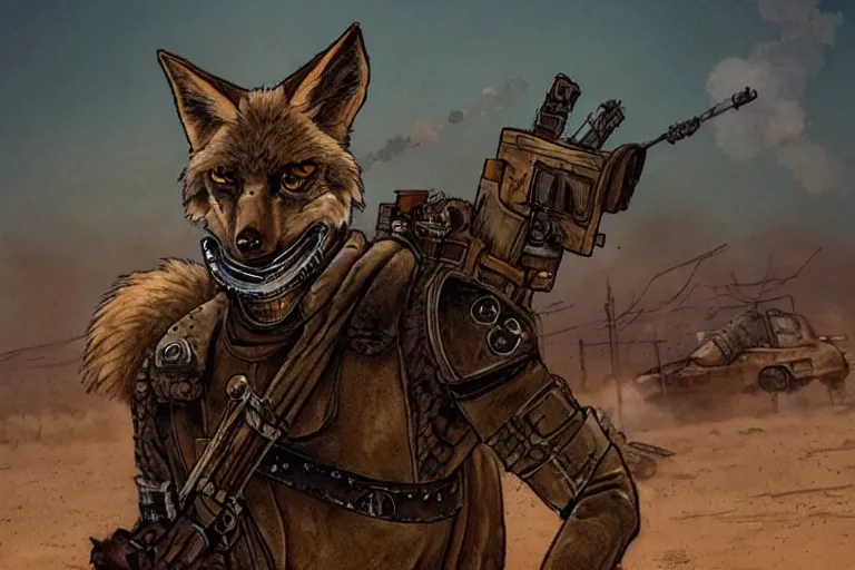 Image similar to a good ol'coyote fursona ( from the furry fandom ), heavily armed and armored facing down armageddon in a dark and gritty version from the makers of mad max : fury road. witness me.