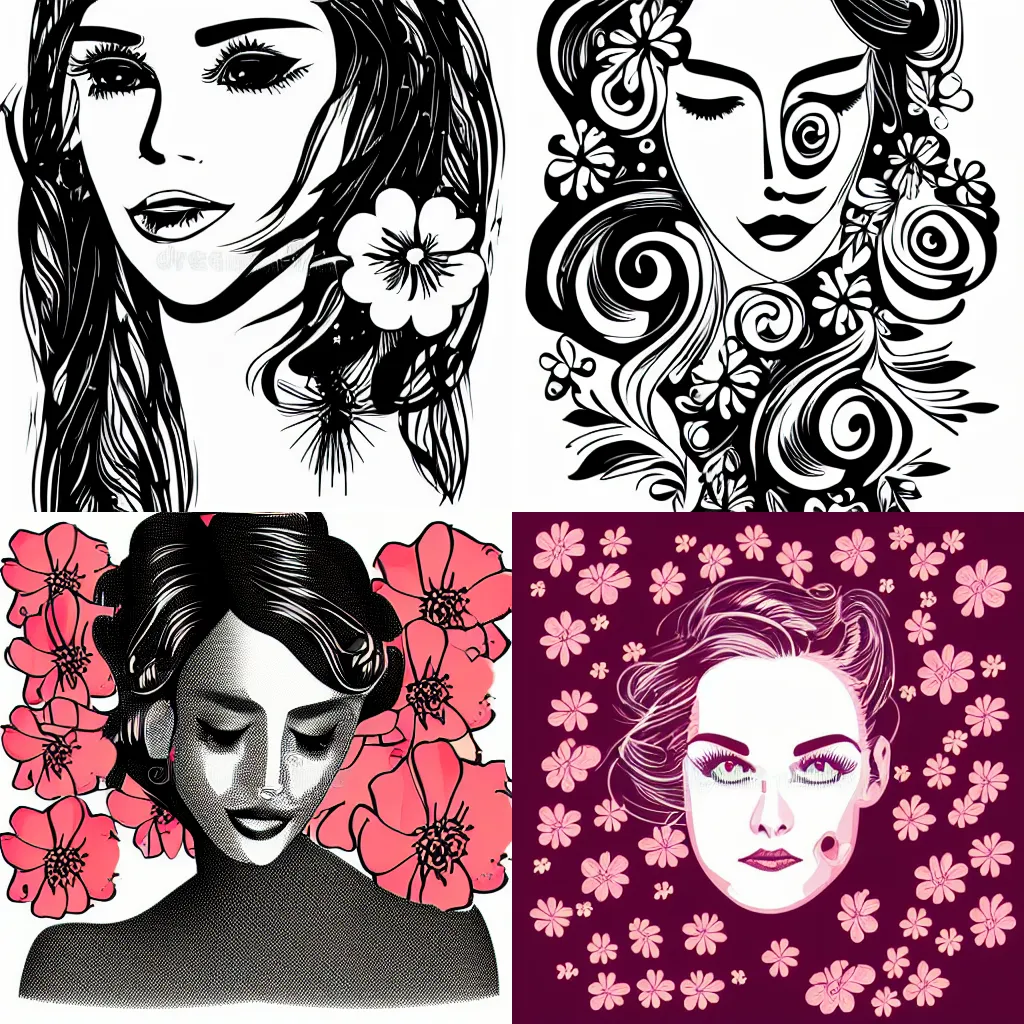 Prompt: a pretty elegant women's face with flowers, vector illustration, linear graphic, outlined hand drawn