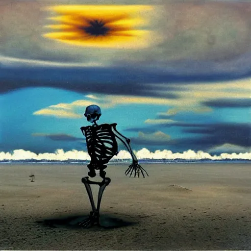 Prompt: a skeleton walking on a beach next to the ocean, nuclear bomb explosion in the background, a surrealist painting by Storm Thorgerson, featured on cg society, nuclear art, surrealist, apocalypse landscape, chillwave