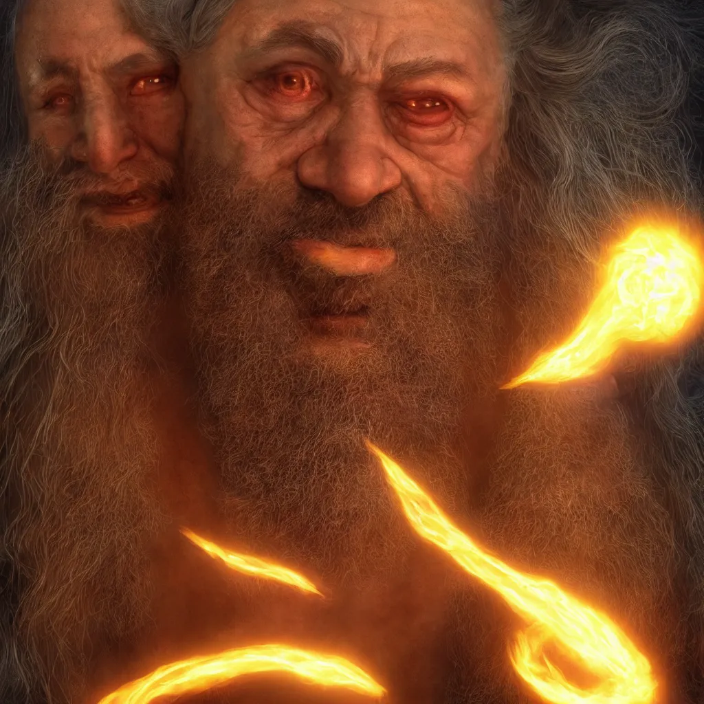 Image similar to Photorealistic cinematic close-up portrait of one angry dwarf wizard casting a fireball spell, by Larry Elmore and Steven Belledin . Magical occult photorealism, UHD, amazing depth, glowing, golden ratio, 3D octane cycle unreal engine 5, volumetric lighting, cinematic lighting, cgstation artstation concept art