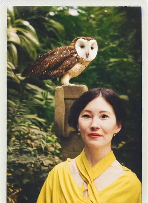 Prompt: head to shoulder portrait Polaroid film photograph of an elegant lovely woman wearing a yellow kimono with a very detailed barn owl on her shoulder!!! in a tropical greenhouse. looking at the camera!!. slight smile. super resolution. Extremely detailed. sitting inside a fountain. Pre - raphaelit .Polaroid 600 film.