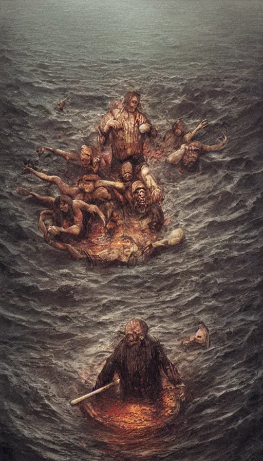 Image similar to man on boat crossing a body of water in hell with creatures in the water, sea of souls, by dan witz