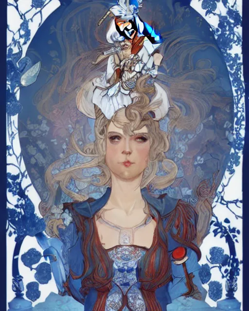 Image similar to movie poster of \'alice in wonderland\', wearing blue and white armor, fantasy, intricate, elegant, highly detailed, digital painting, artstation, concept art, smooth, sharp focus, illustration, art by Fernanda Suarez and Artem Demura and alphonse mucha