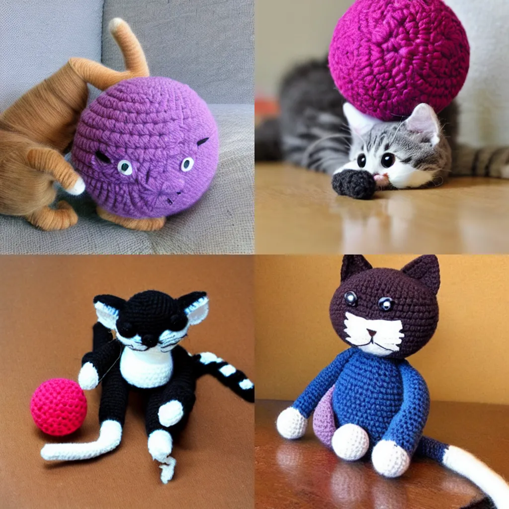 Prompt: a very cute crochet cat playing with a ball of wool