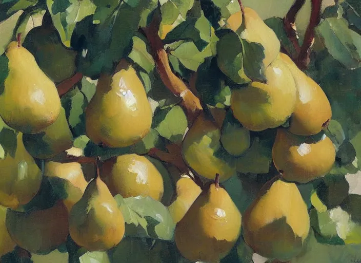 Image similar to oil painting of translucent pears on tree by greg manchess