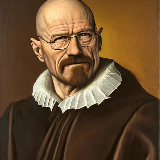 Prompt: Renaissance oil portrait of Walter White as a scholar, high-quality realistic oil painting with detailed strokes, Walter White as a robed Renaissance scholar