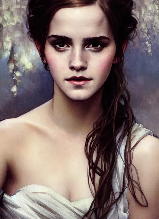 Prompt: oil painting of emma watson giving biting her lip seductive look. beautiful detailed face. by artgerm and greg rutkowski and alphonse mucha