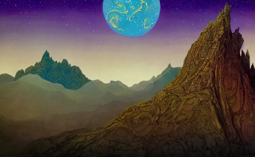 Prompt: mountains, stars and paisley filled sky, artstation, intricate, highly detailed, digital painting, concept art, sharp focus, illustration by Jean Claude Mézières and Roger Dean