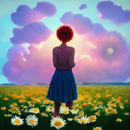 Image similar to head made of giant daisies, girl standing barefoot in a flower field, arms stretched, surreal photography, sunrise dramatic light, impressionist painting, colorful clouds, large sky, digital painting, artstation, simon stalenhag, flower face