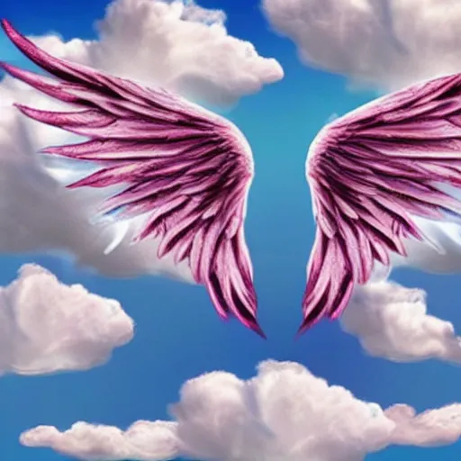 Image similar to bright blu sky. fluffy clouds. angels with big wings wake - up