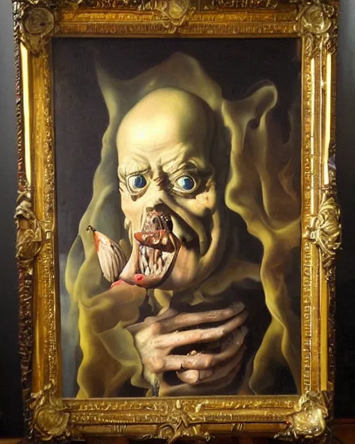 Image similar to refined gorgeous blended oil painting with black background by christian rex van minnen rachel ruysch dali todd schorr of a chiaroscuro portrait of an extremely bizarre disturbing man with shiny skin chrome surfaces dutch golden age vanitas intense chiaroscuro cast shadows obscuring features dramatic lighting perfect composition masterpiece