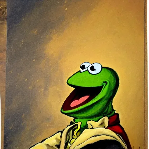 Prompt: Painting of Kermit the Frog from Sesame Street fighting in the Revolutionary War. Painting is in the style of Don Troiani.