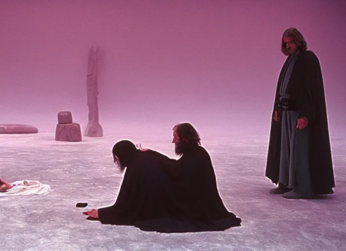 Image similar to Luke skywalker kneels before a strange jedi oracle, a mystic with infinite knowledge of time. in a foggy pink land. still from the 1983 film directed byalejandro jodorowsky. holy mountain, Photographed with Leica Summilux-M 24 mm lens, ISO 100, f/8, Portra 400