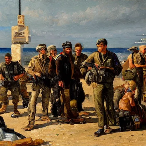 Prompt: rich drug dealers are arrested on the beach by the military, oil painting, highly detailed, 4 k