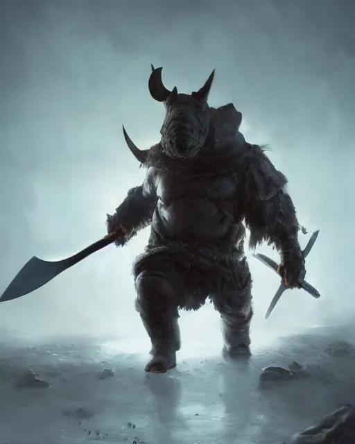 Image similar to oil painting of Anthropomorphized Rhino Berserker, wearing fur cloak, sharp focus, holding big Axe, heroic pose, fantasy style, octane render, volumetric lighting, 8k high definition, by greg rutkowski, highly detailed, trending on art Station, magic the gathering artwork, burning Battlefield backround, centered