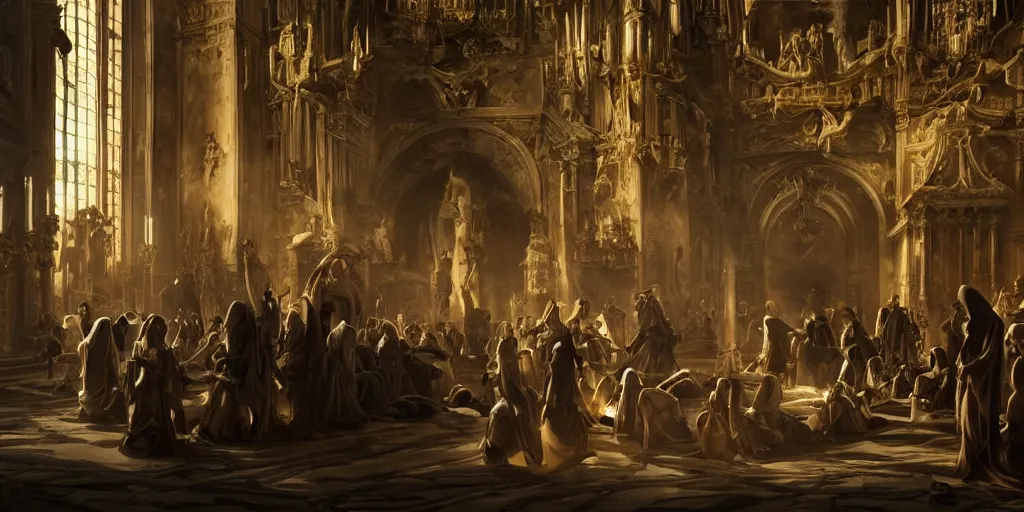 Image similar to beautiful oil matte painting, black plague infected people meeting the grim reaper inside a baroque cathedral, wonderful masterpiece highly detailed, beautiful cinematic light deep focus, elegant, digital painting, smooth, sharp focus, golden ratio, dramatic illumination, ultra realistic, 8 k, art by salvator rosa