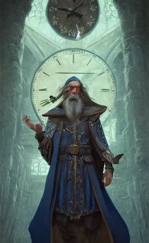 Image similar to portrait of a middle aged elf with a long beard, dressed in a blue cloak with clock iconography, brown hair, raised hand, detailed face, fantasy, highly detailed, cinematic lighting, digital art painting by greg rutkowski